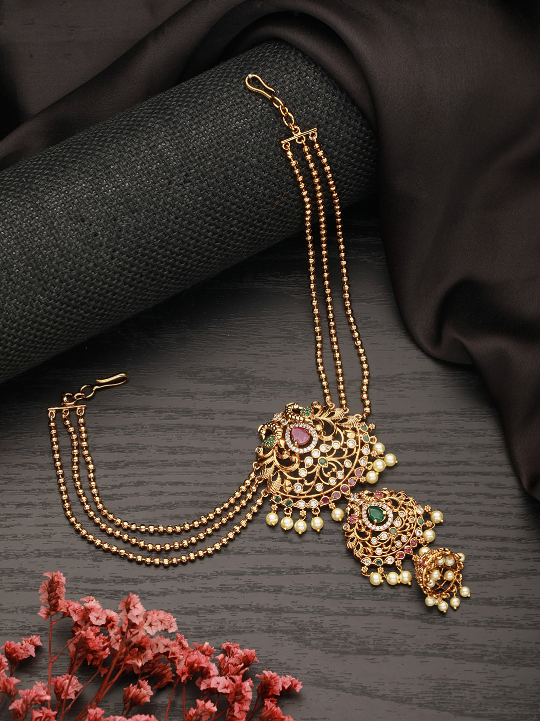 Gold Plated Kempo Studded & Pearl Beaded Floral  Layered Chain Jadai Billai Hair BroochMathapati